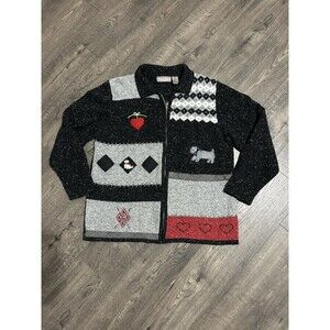 Vintage TanJay Cardigan Sweater Womens M Black Cardigan Storybook Embroidered